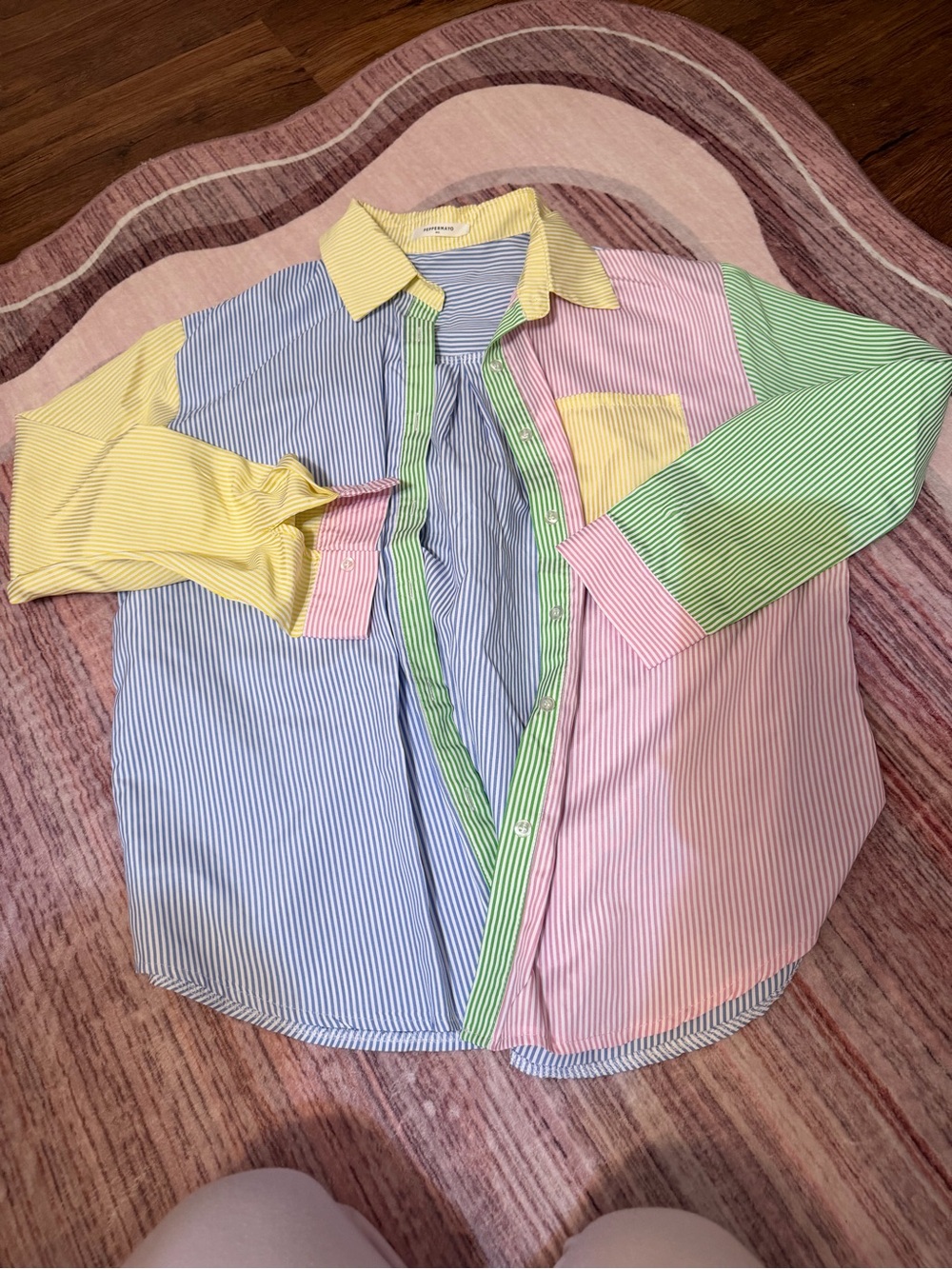 Peppermayo Multicolor Striped Button-Up Shirt in Yellow, Pink, Blue, Green